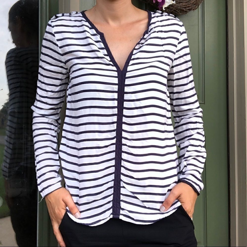 Zara Basic White Navy Striped Long Sleeve Blouse
